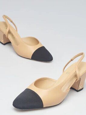 Chanel Lambskin Beige Black Cap Toe Slingback Heels 36.5 / 6.5 w/ Box & Dust Bag